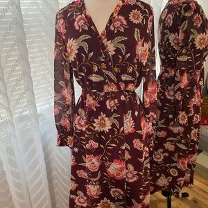 Floral Wrap Dress in Burgundy and Pink